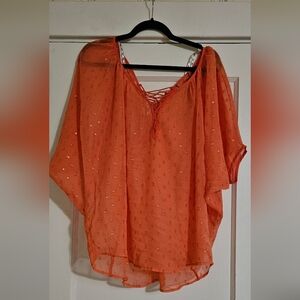 Shear Flutter Sleeve Orange with Gold Accent Top. Lace up Accent on front&back